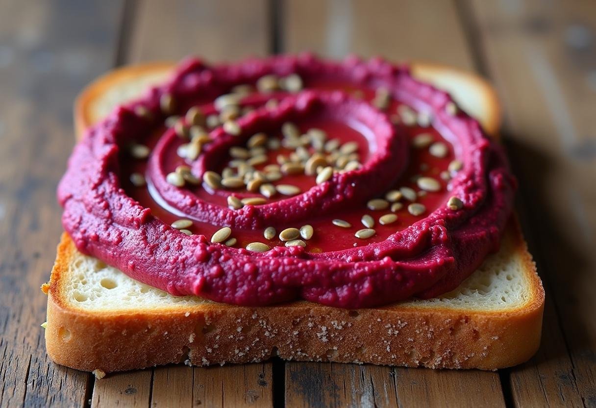 Toasted bread topped with fresh Roasted Beet Hummus for a delicious appetizer.