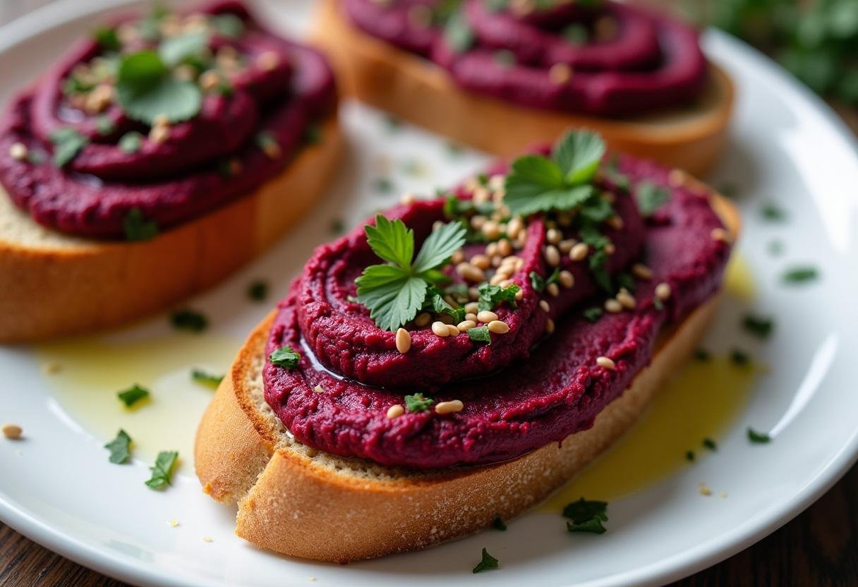 Finishing touches on Roasted Beet Hummus Toast with herbs and olive oil.