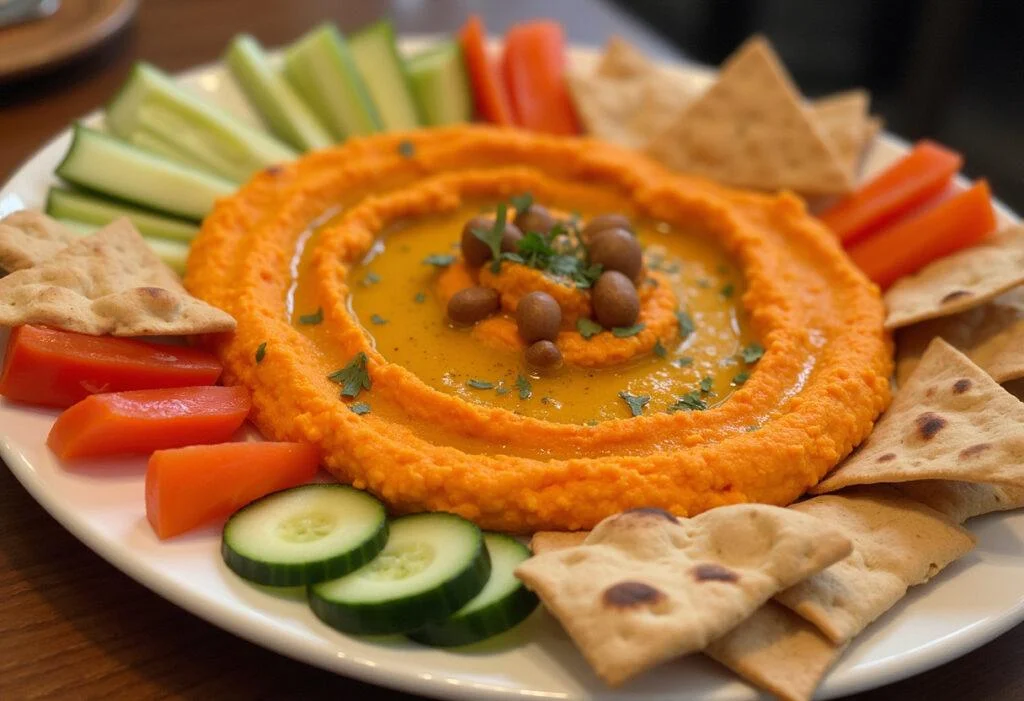 Serving platter with Roasted Carrot Hummus and pita chips, perfect for sharing.