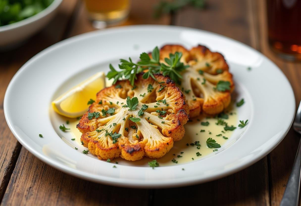 Delicious roasted cauliflower steaks garnished with herbs, perfect for a healthy meal.