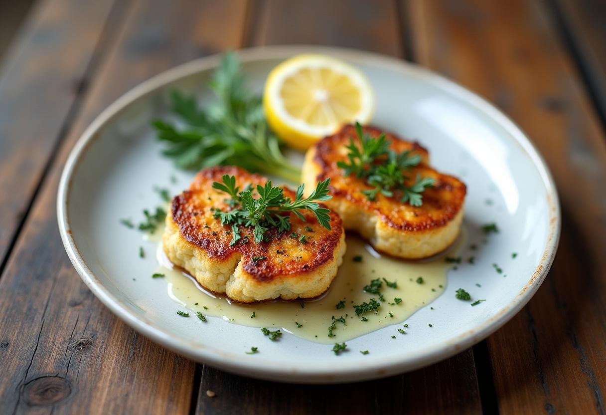 Delicious roasted cauliflower steaks garnished with herbs, perfect for a healthy meal.