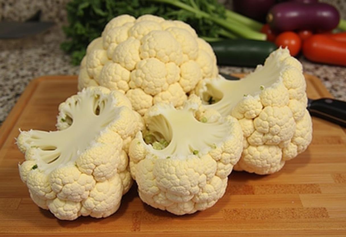 Preparing cauliflower steaks by cutting a whole cauliflower on a wooden board.