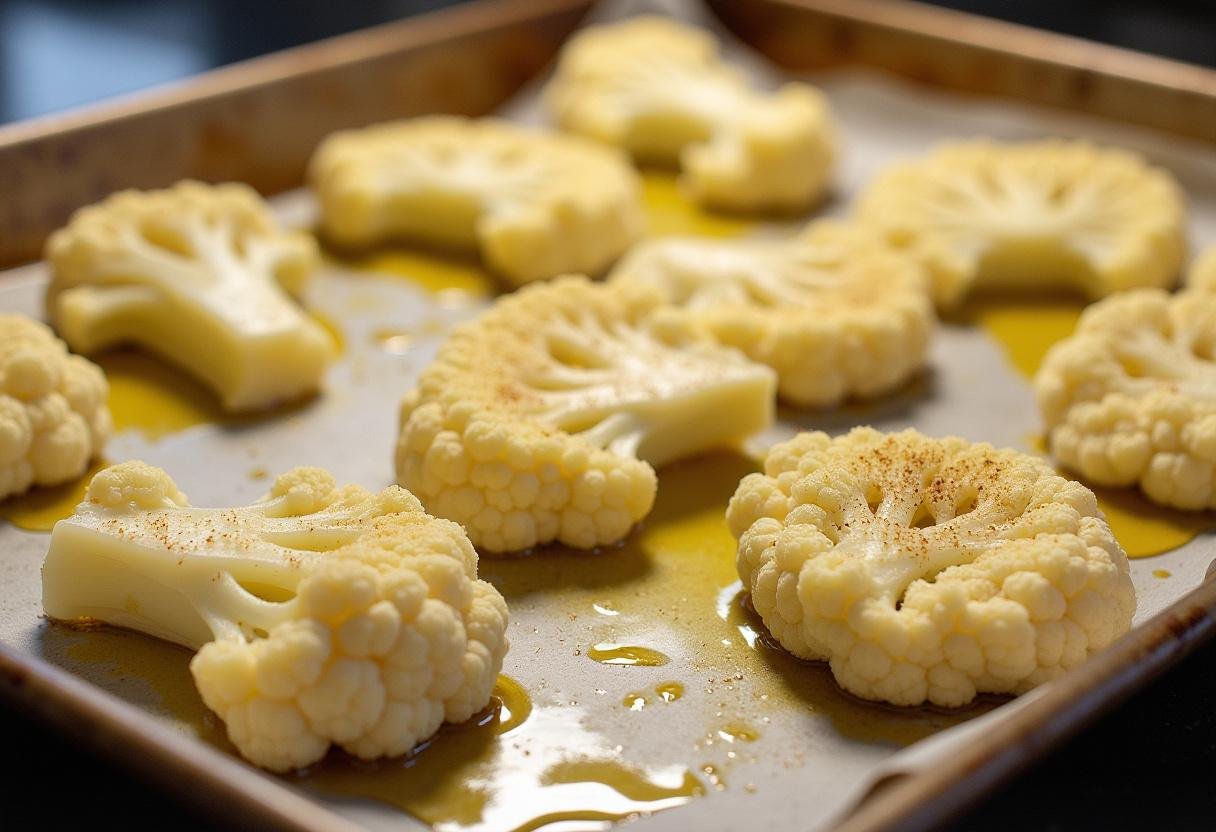 Cauliflower steaks drizzled with olive oil and seasoned for roasting in the oven.