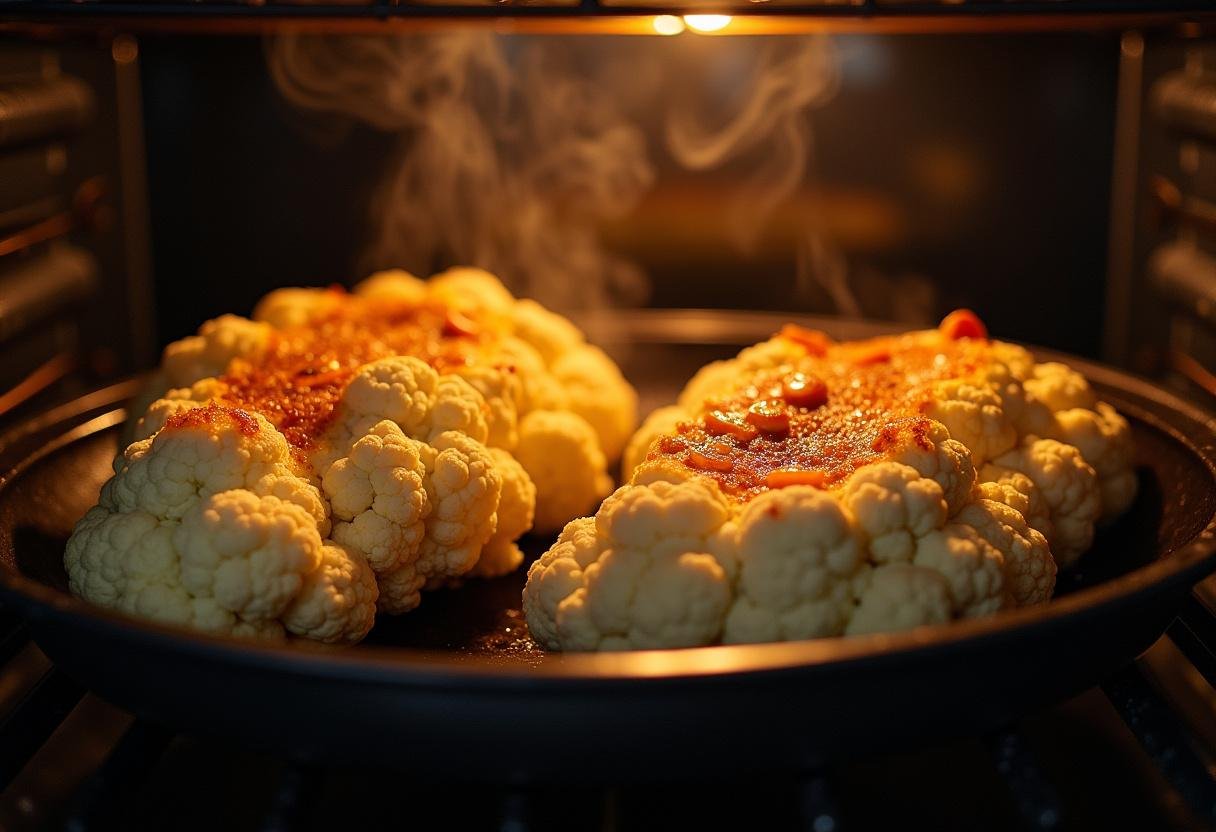 Cauliflower steaks roasting in the oven, creating a delicious aroma in the kitchen.