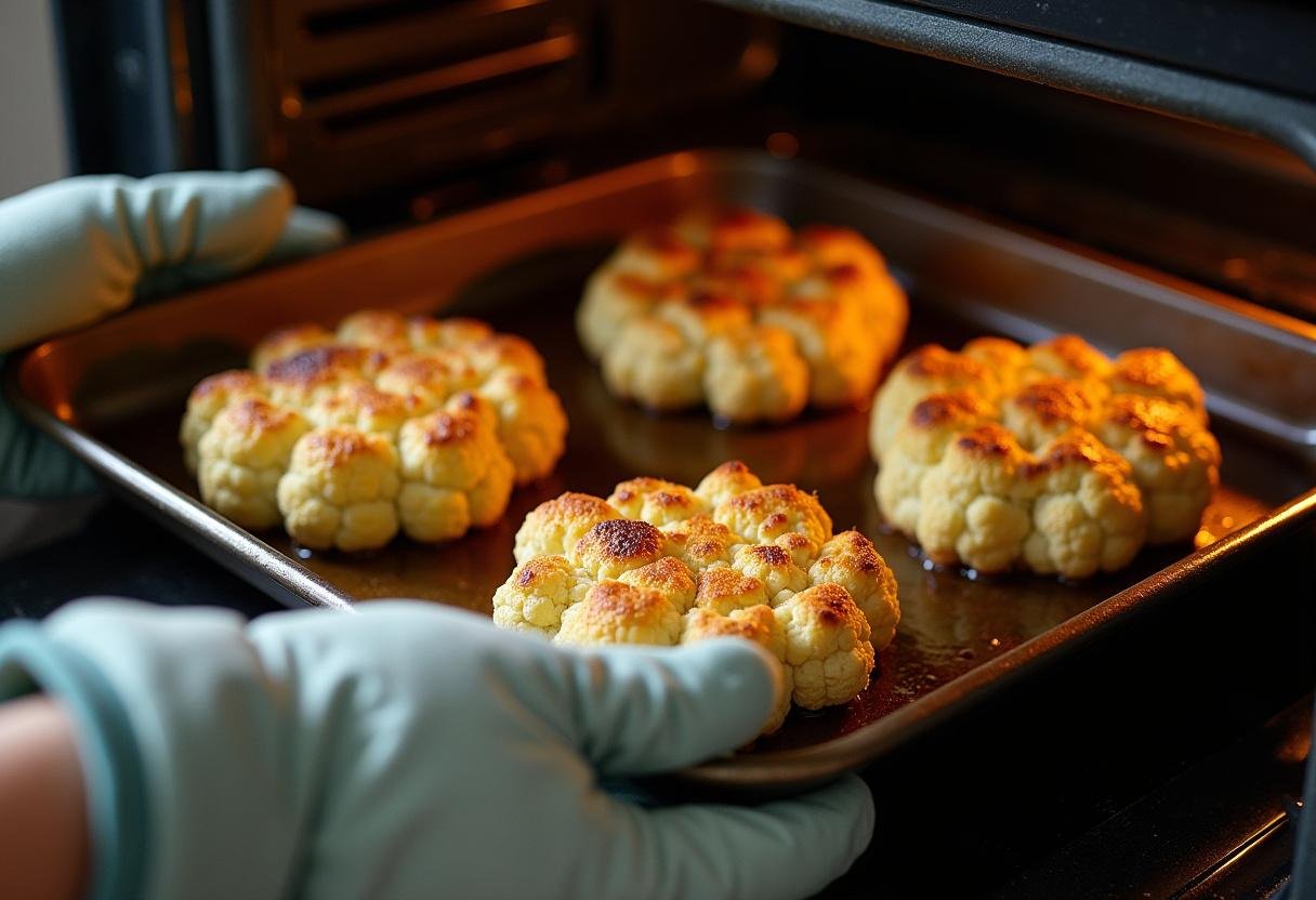 Removing perfectly roasted cauliflower steaks from the oven, showcasing their golden color.