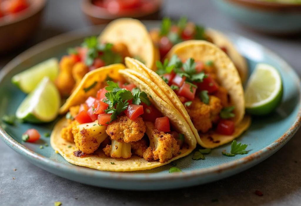 Delicious roasted cauliflower tacos served with lime and salsa, perfect for a healthy meal.