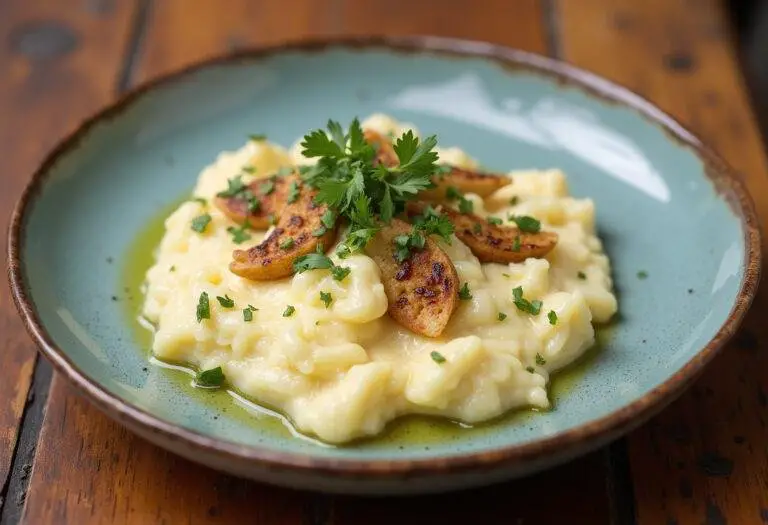 Finished Roasted Garlic Cauliflower Mash, creamy and flavorful, perfect as a side dish.