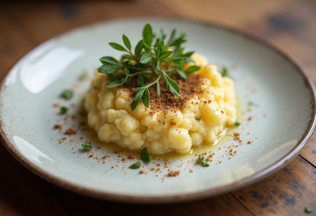 Finished Roasted Garlic Cauliflower Mash, creamy and flavorful, perfect as a side dish.