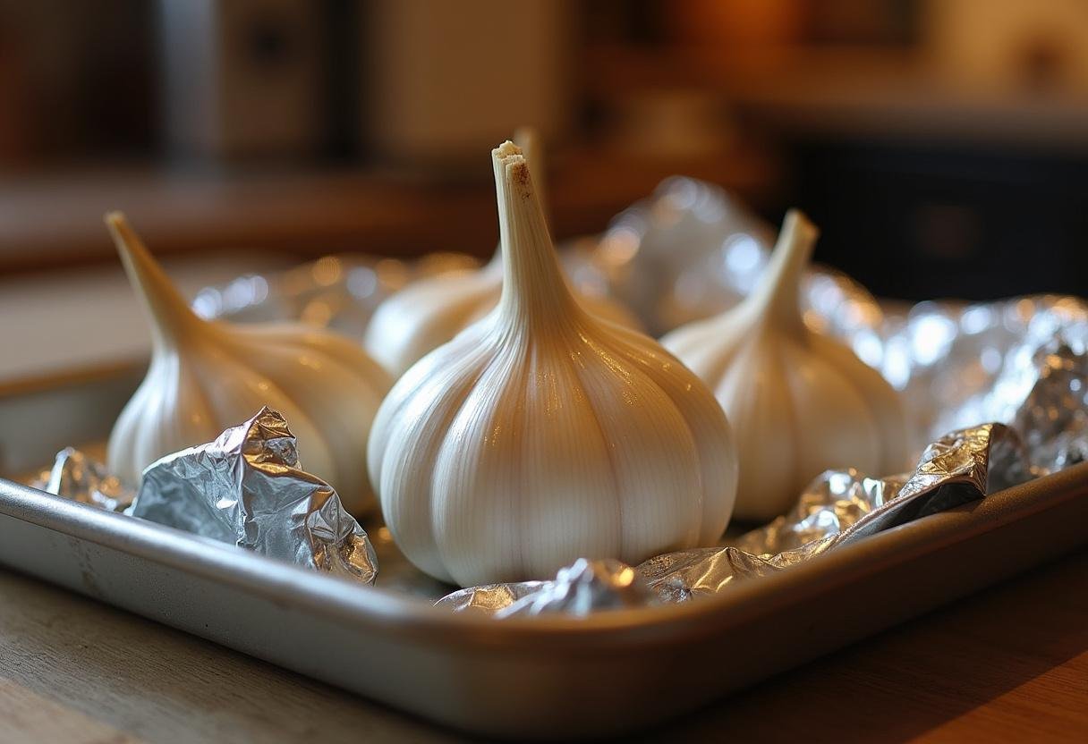 Whole head of garlic wrapped in foil, ready to roast for Roasted Garlic Cauliflower Mash.