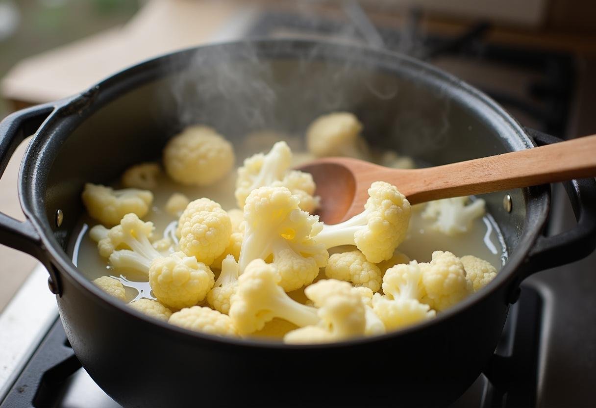 Chopped cauliflower simmering in a pot for preparing Roasted Garlic Cauliflower Mash.