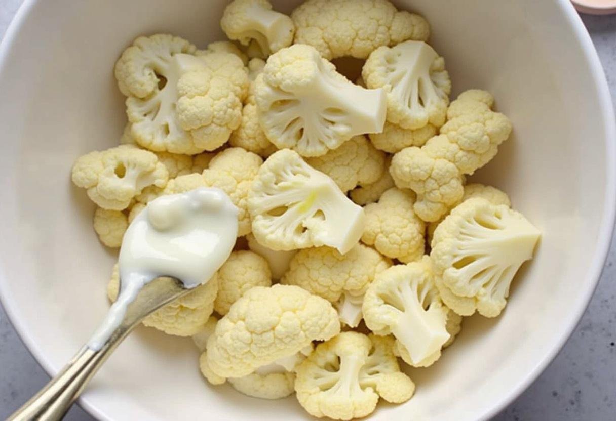 Drained cauliflower and roasted garlic in a mixing bowl for Roasted Garlic Cauliflower Mash.