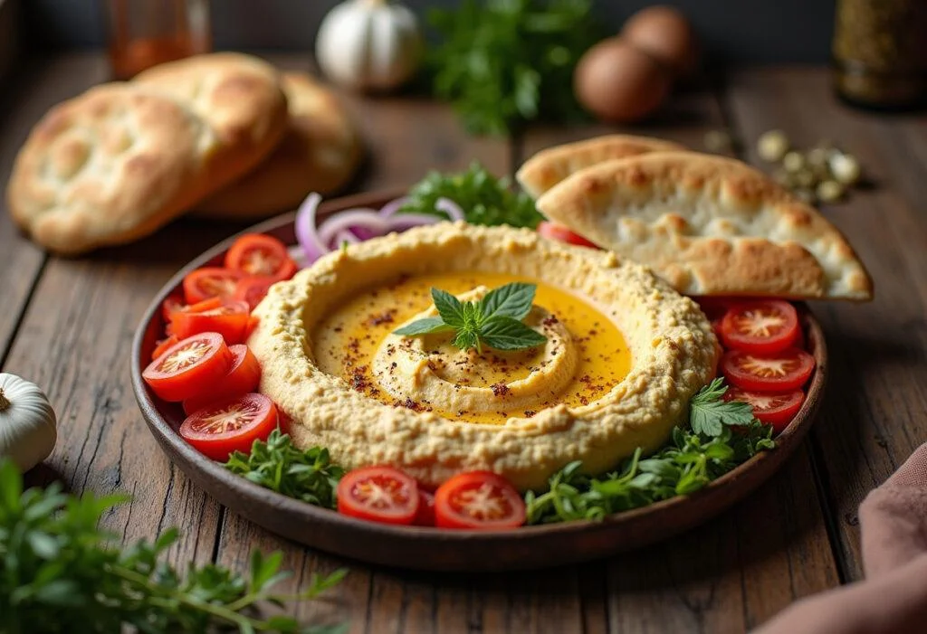 Delicious roasted garlic hummus served with vegetables and pita, ideal for sharing.