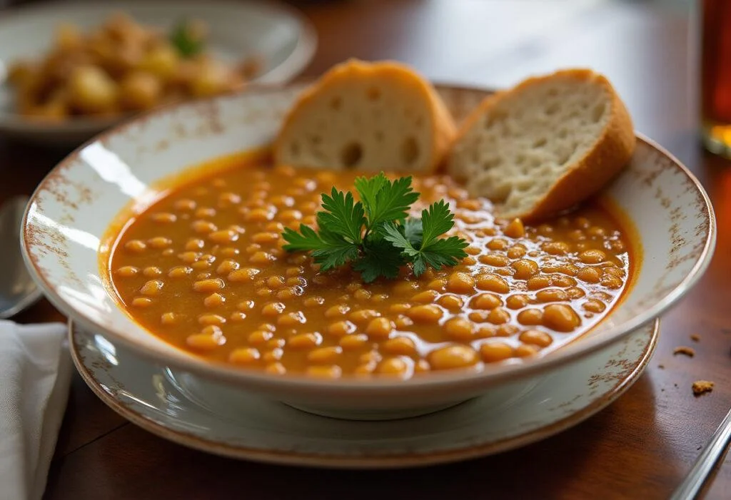 Delicious bowl of Roasted Garlic Lentil Soup garnished with parsley and served with bread.