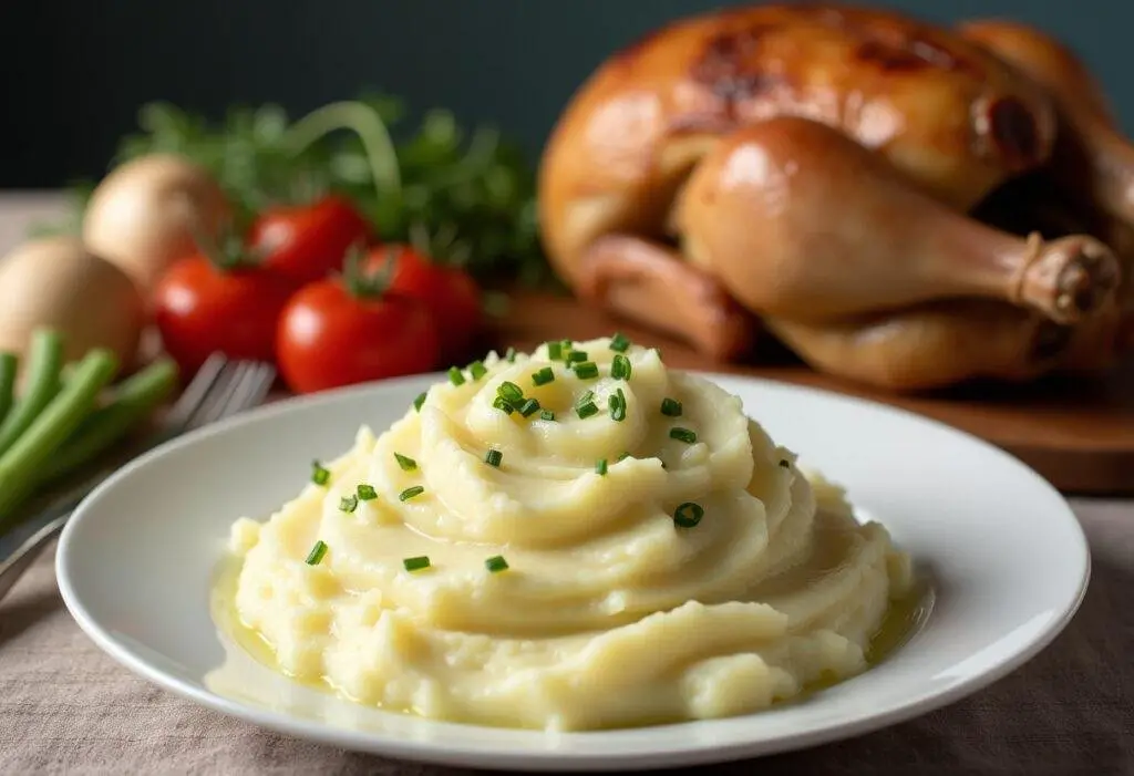 Delicious roasted garlic mashed potatoes served with a roast chicken, perfect for a hearty meal.