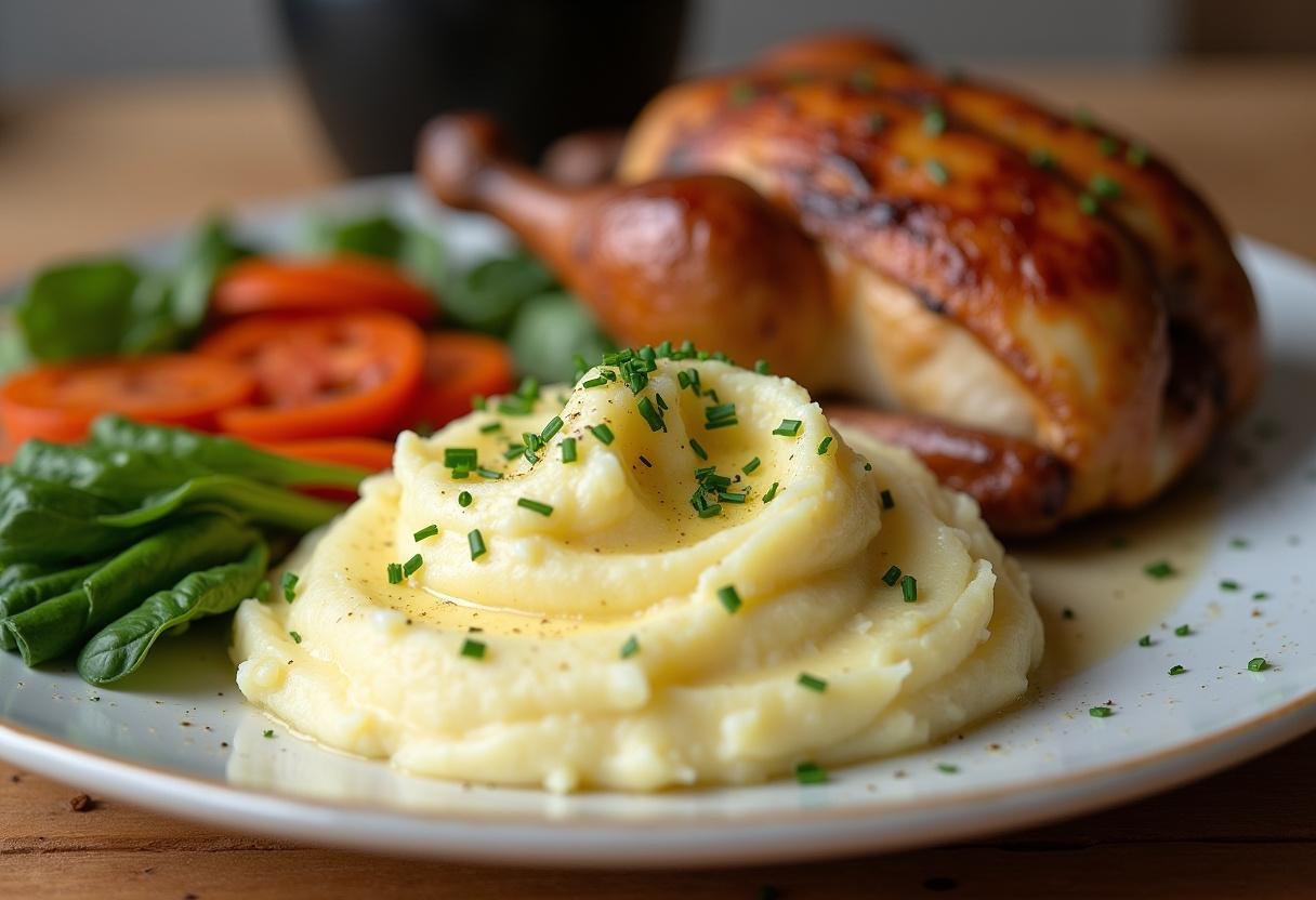 Delicious roasted garlic mashed potatoes served with a roast chicken, perfect for a hearty meal.