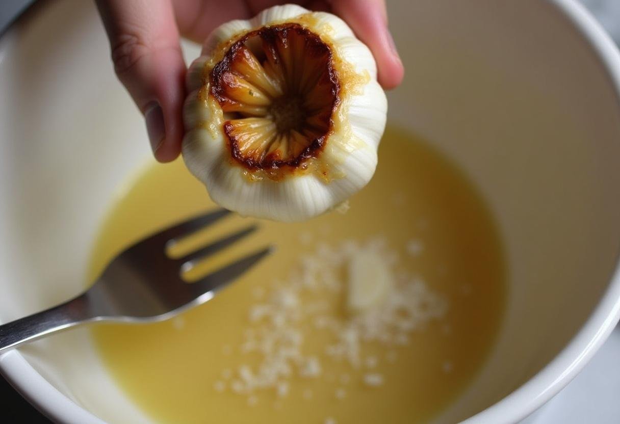 Extracting roasted garlic cloves for flavoring mashed potatoes in the recipe for roasted garlic mashed potatoes.