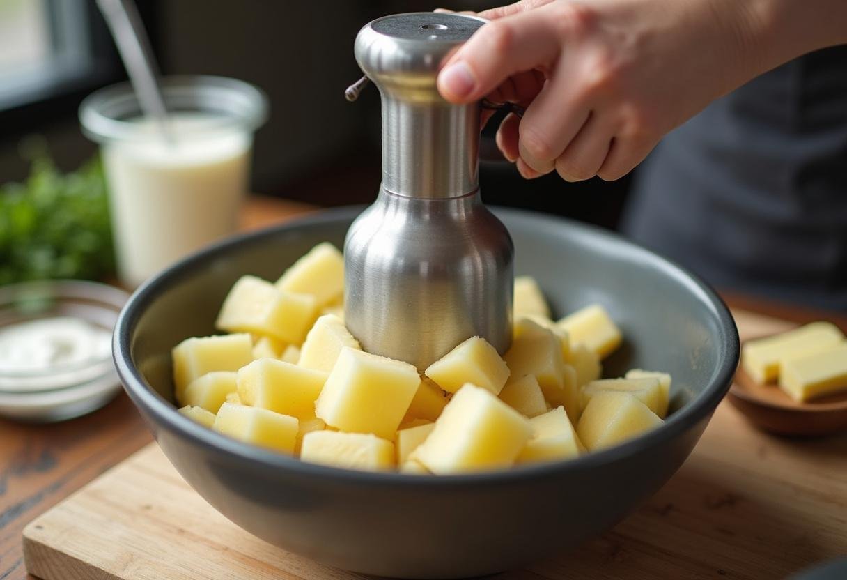 Mashing boiled potatoes with roasted garlic, cream, and butter for roasted garlic mashed potatoes.