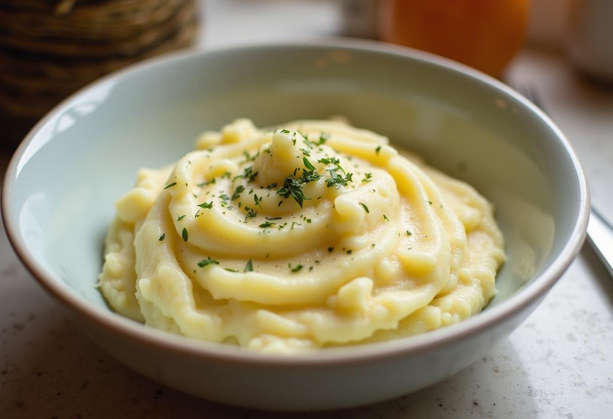 Serving bowl of creamy roasted garlic mashed potatoes ready for serving.