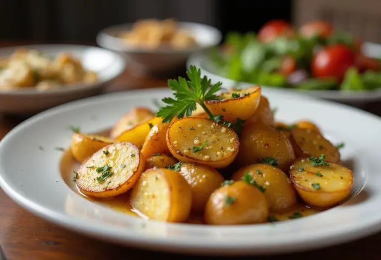 Finished roasted garlic parmesan potatoes garnished and ready to enjoy.
