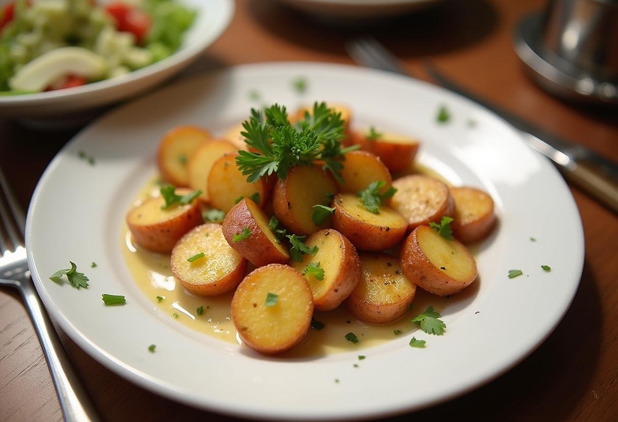 Finished roasted garlic parmesan potatoes garnished and ready to enjoy.