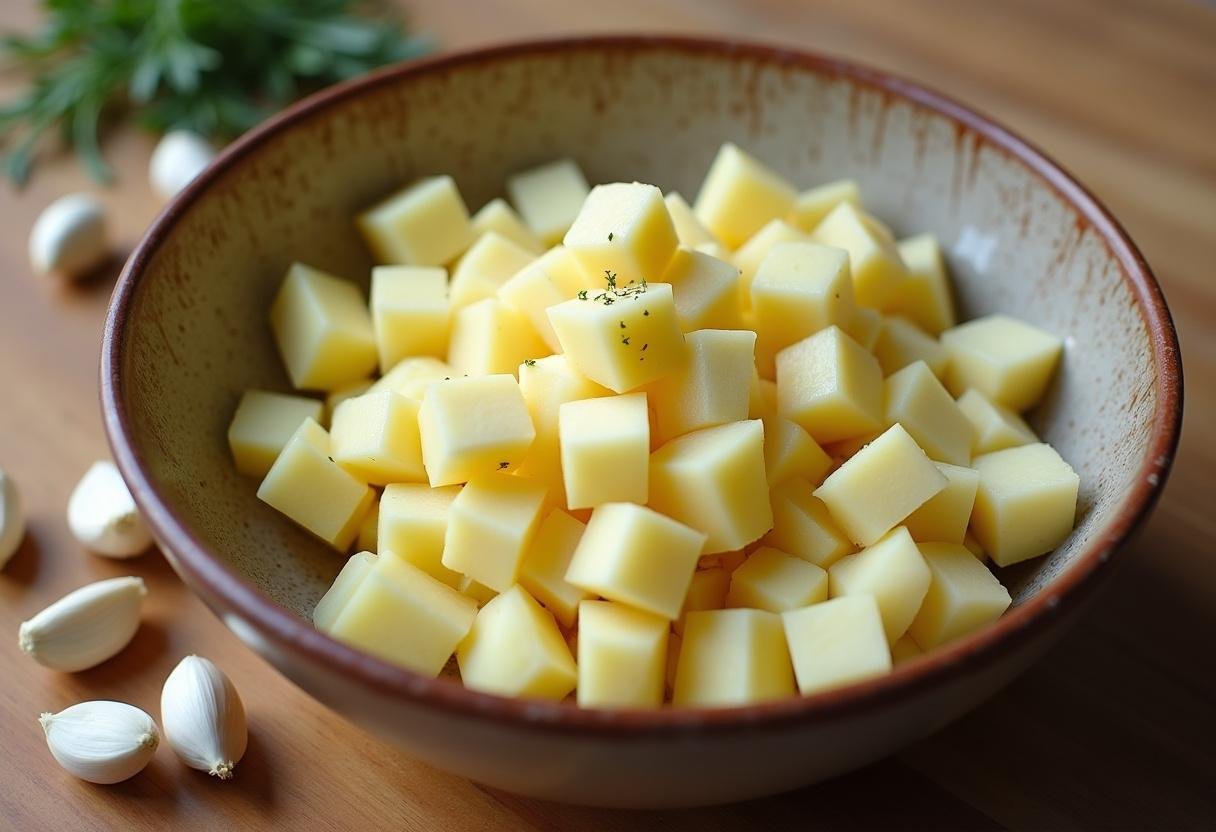 Chopped potatoes and garlic ready for making roasted garlic parmesan potatoes.