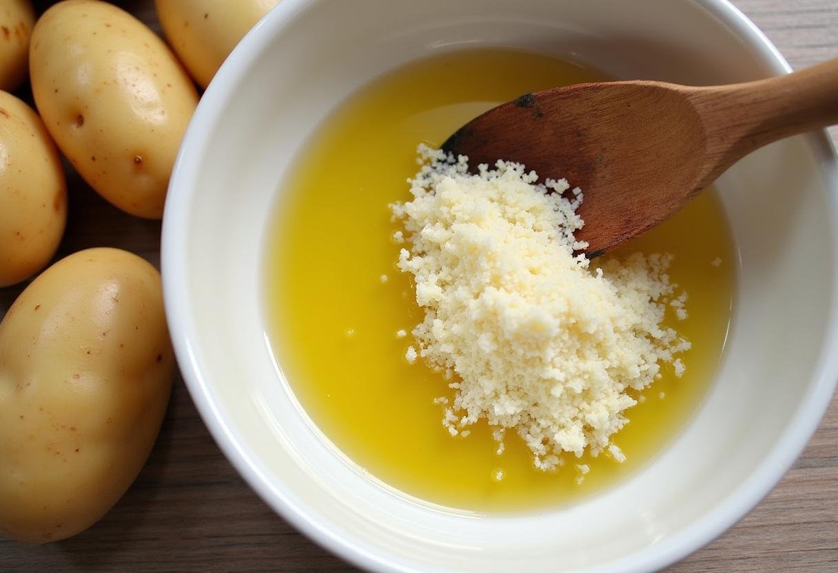 Olive oil mixed with parmesan cheese for garlic parmesan potatoes seasoning.