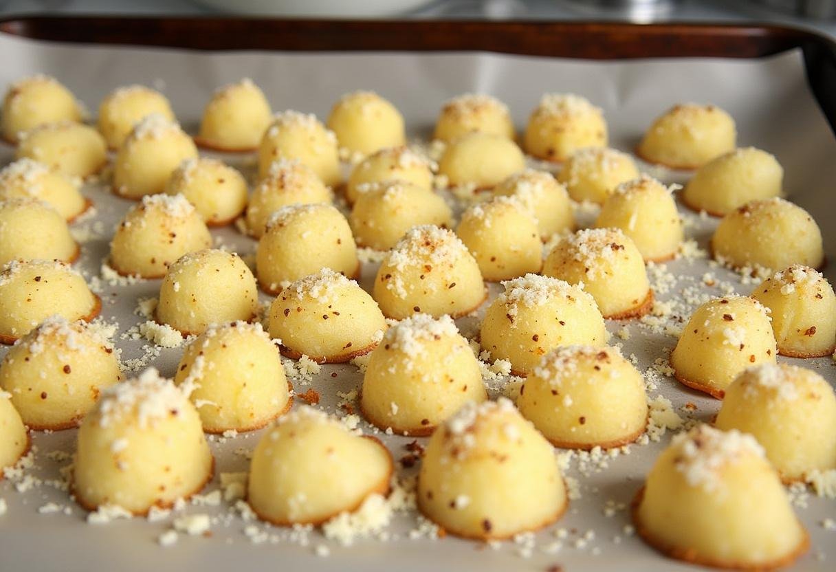 Seasoned potatoes arranged on a baking sheet for roasting.