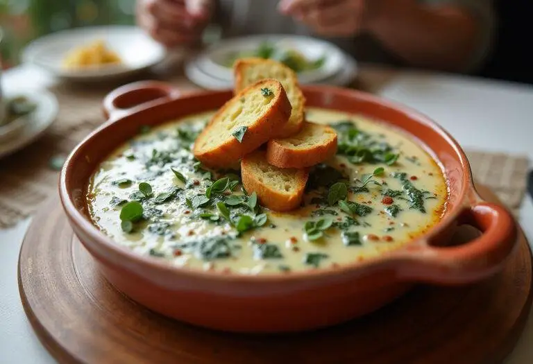 Delicious roasted garlic spinach dip served with toasted bread, perfect for gatherings.