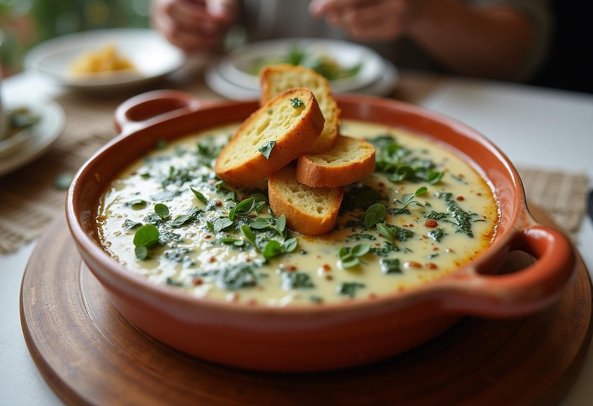 Delicious roasted garlic spinach dip served with toasted bread, perfect for gatherings.