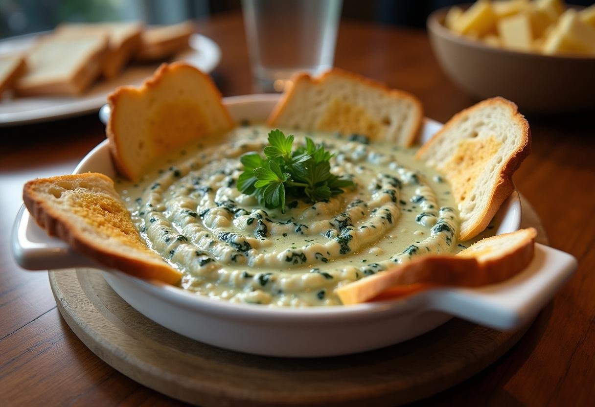 Delicious roasted garlic spinach dip served with toasted bread, perfect for gatherings.