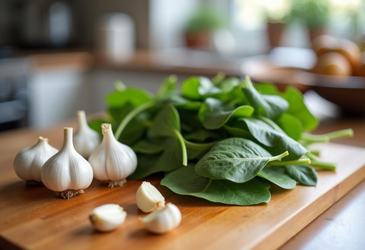 Whole garlic and fresh spinach on a cutting board for making roasted garlic spinach dip.