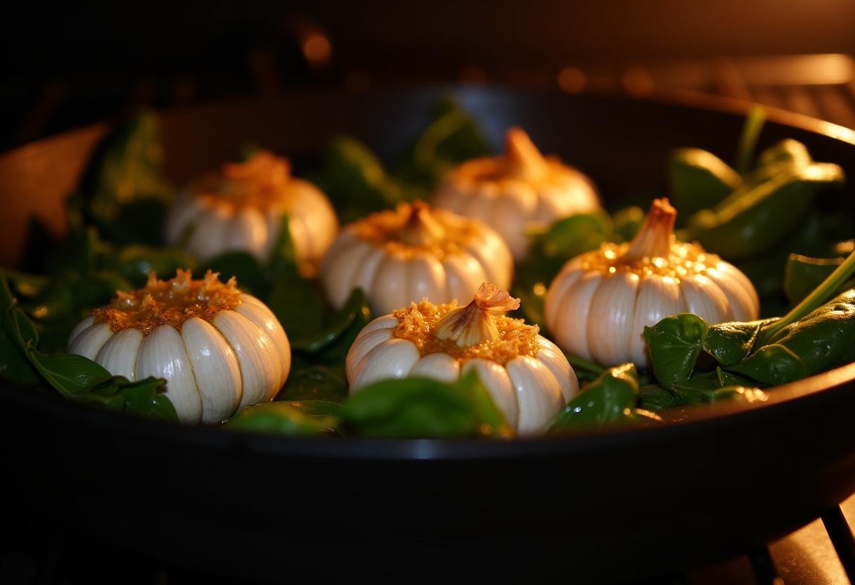 Garlic bulbs being roasted with olive oil before adding them to the spinach dip.