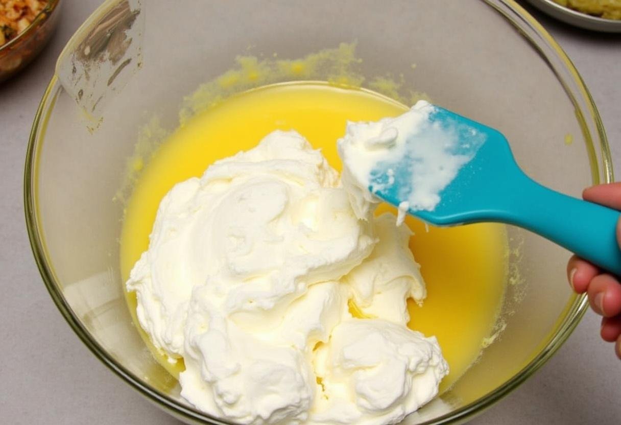 Mixing roasted garlic with cream cheese and sour cream for a flavorful spinach dip.
