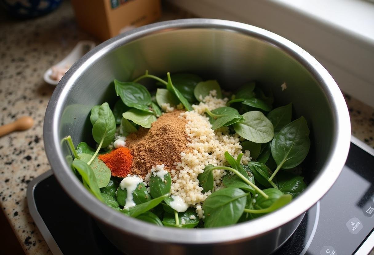 Combining fresh spinach with creamy roasted garlic mixture for spinach dip.