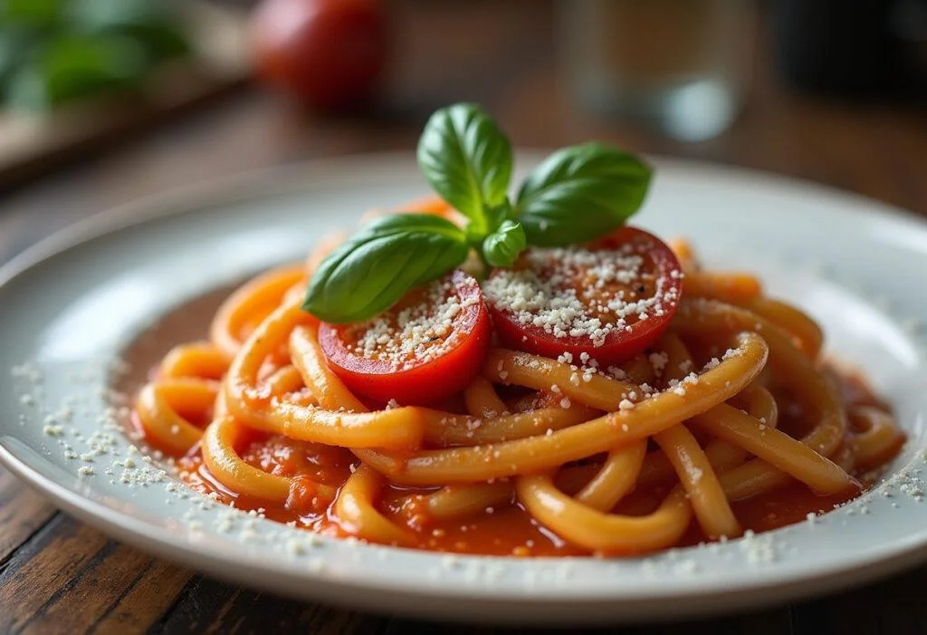 Deliciously plated Roasted Garlic Tomato Pasta with fresh ingredients, perfect for a home-cooked meal.