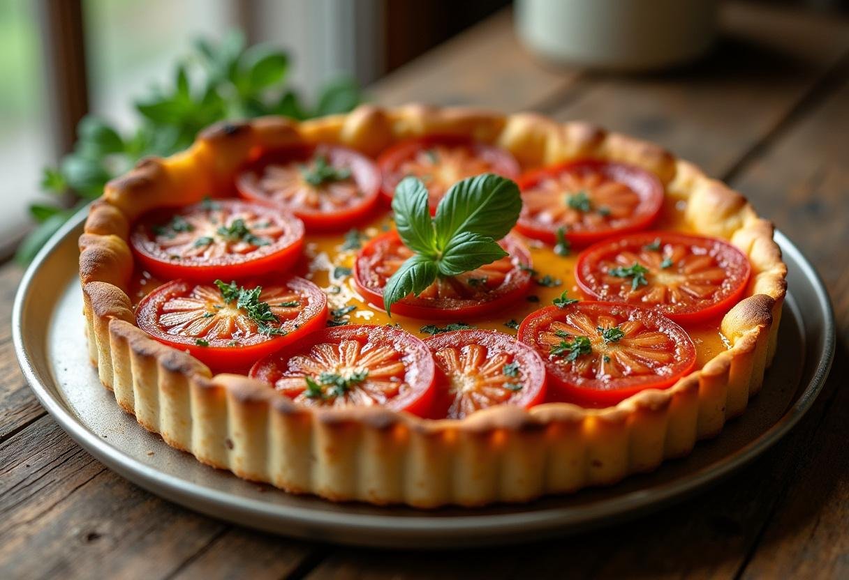 Golden-brown Roasted Garlic Tomato Tart, beautifully garnished, ideal for impressing guests.