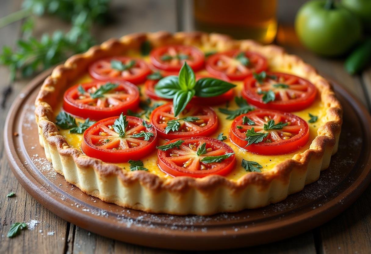 Golden-brown Roasted Garlic Tomato Tart, beautifully garnished, ideal for impressing guests.