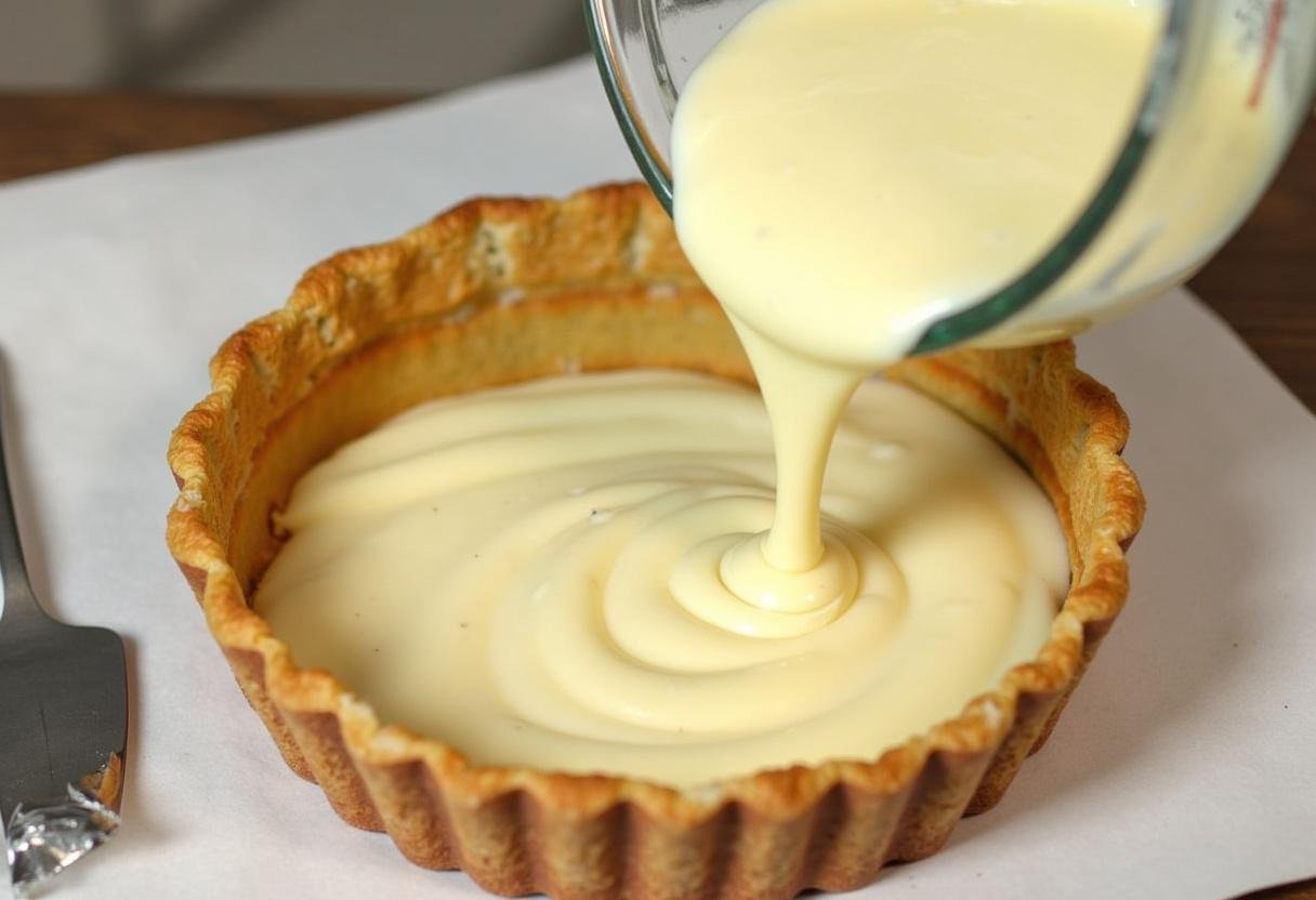 Pouring roasted garlic and cream mixture into the pastry shell for Roasted Garlic Tomato Tart.