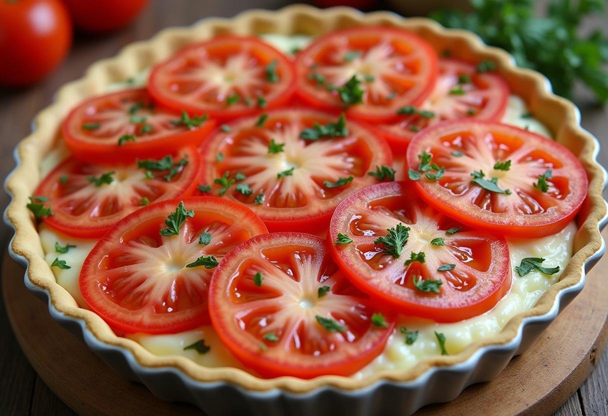 Tomatoes arranged on Roasted Garlic Tomato Tart before baking, showcasing vibrant colors and textures.