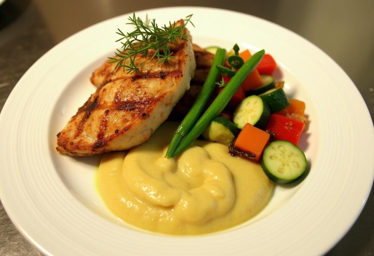 Delicious Roasted Parsnip Puree served with grilled chicken and seasonal vegetables.