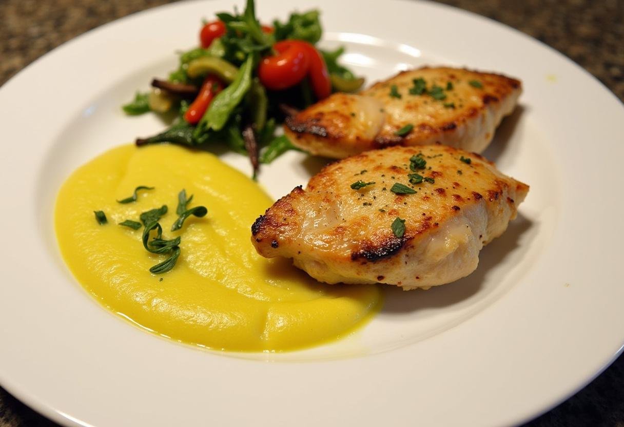 Delicious Roasted Parsnip Puree served with grilled chicken and seasonal vegetables.