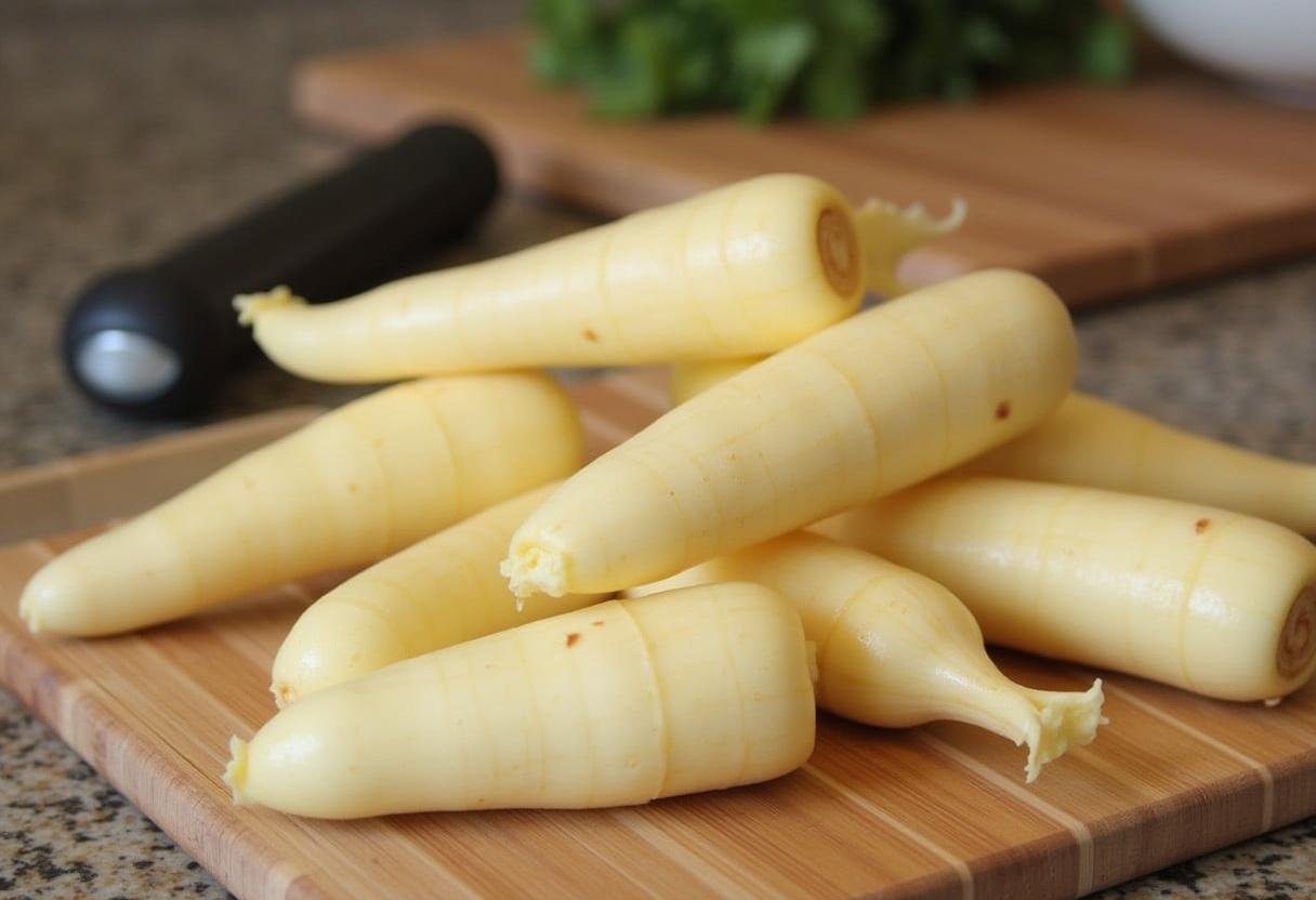 Fresh parsnips being washed and peeled for Roasted Parsnip Puree preparation.