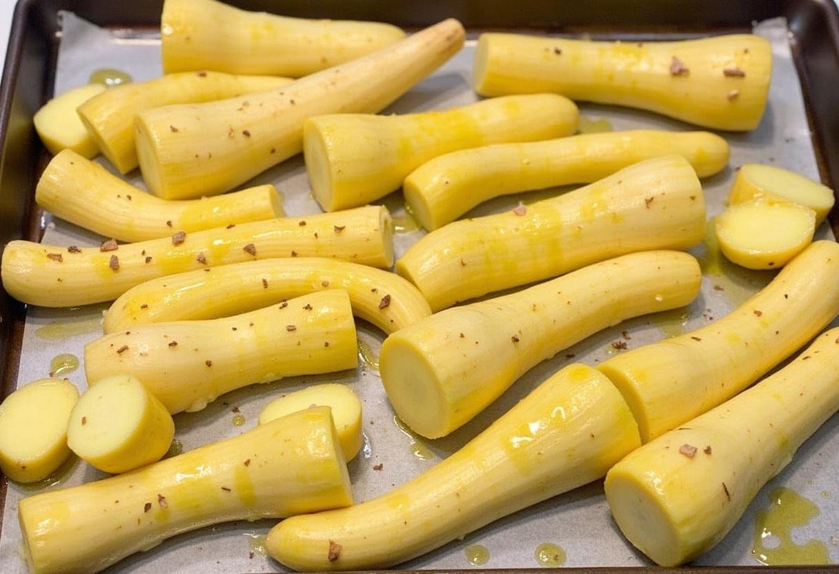 Chopped and seasoned parsnips on a baking sheet for roasting in Roasted Parsnip Puree recipe.