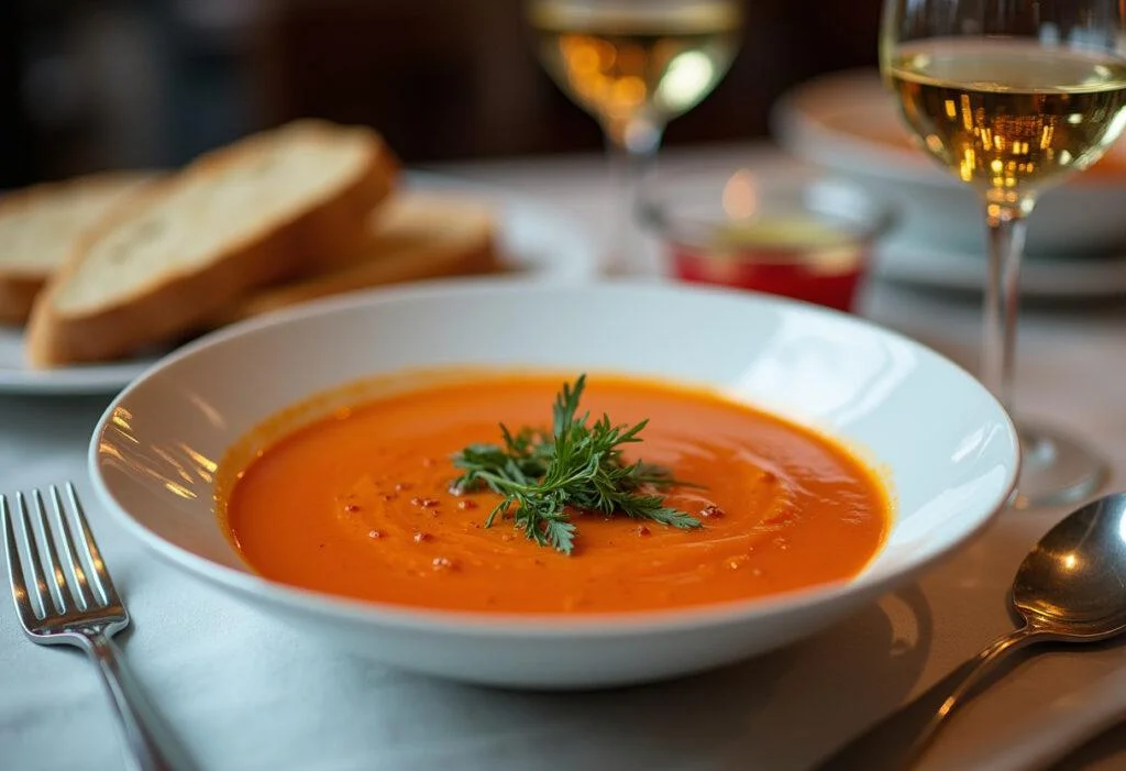 Elegant presentation of Roasted Red Pepper Soup with bread and wine for a perfect meal.
