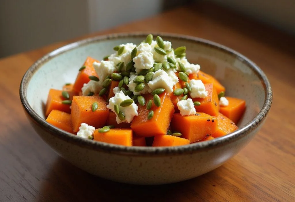 Finished Roasted Sweet Potato Salad garnished with feta cheese and pumpkin seeds, ideal for a wholesome meal.