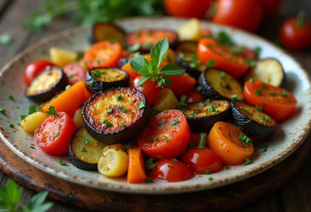 Finished roasted vegetable medley, showcasing vibrant colors and enticing aromas, perfect for any meal.