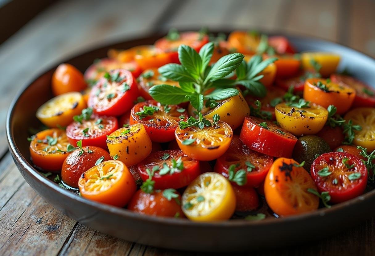 Finished roasted vegetable medley, showcasing vibrant colors and enticing aromas, perfect for any meal.