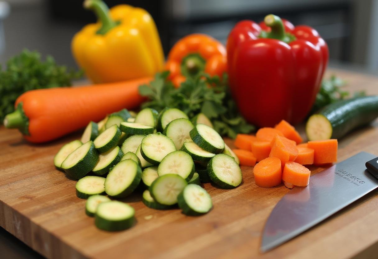 Fresh vegetables diced and prepared for a roasted vegetable medley recipe.
