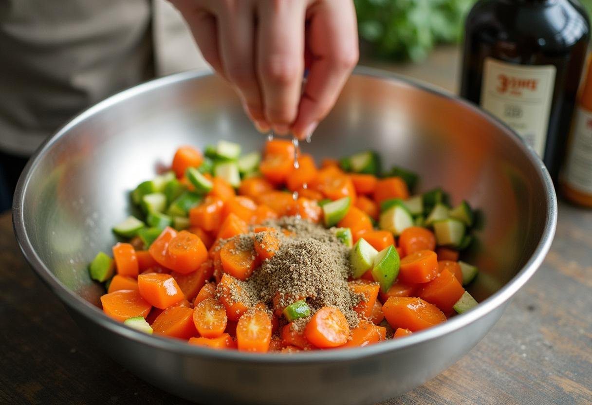 Vegetables being tossed in a bowl with olive oil and seasoning for roasting.