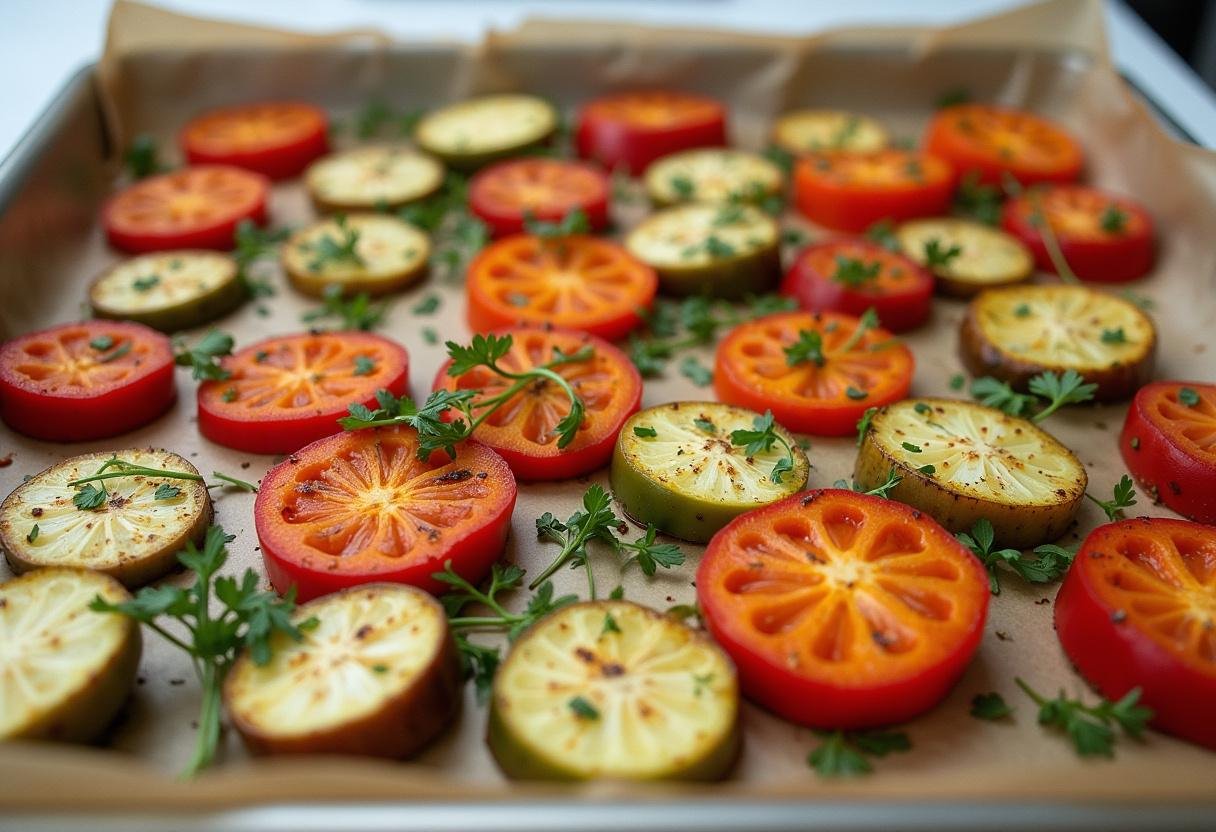 Seasoned vegetables arranged on a baking sheet, ready to be roasted for a vegetable medley.